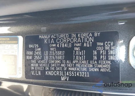 2025 Kia Niro Ev Wind z USA, uszkodzony, nr VIN KNDCR3L14S5143211